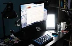 My computer desk with MacBook Pro and Apple Studio Display