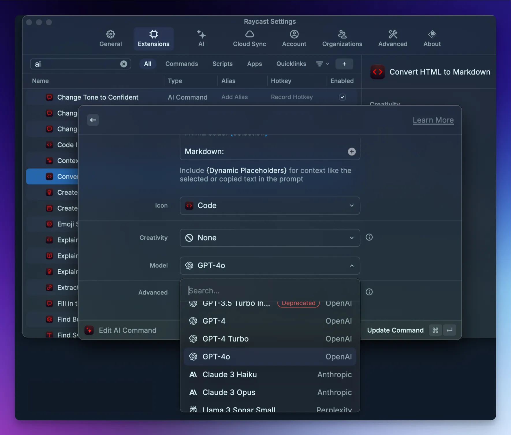 Raycast AI command settings